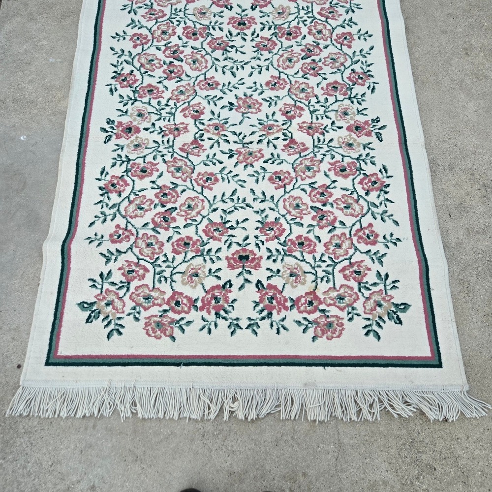 Floral Rose Accent Rug Area Rug Cream Pink Green Fringe USA 47" x 71 in - Picture 9 of 12